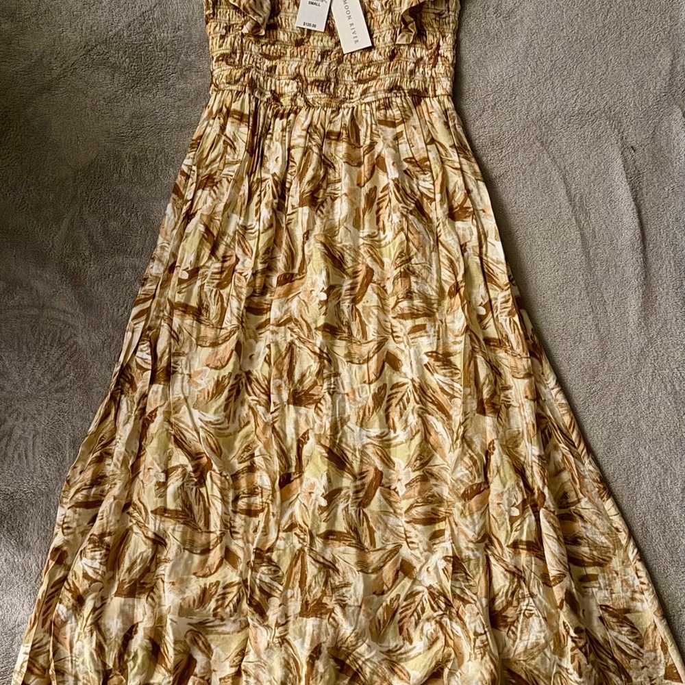 Moon River Cream and Brown Maxi Sundress with Spaghetti Straps